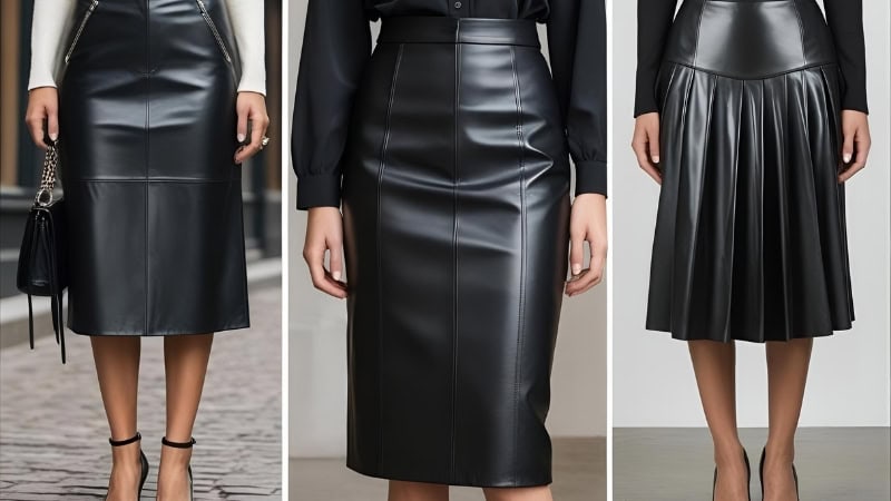 different types of black leather skirts