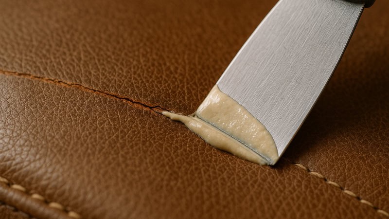 applying leather filler to repair leather couch