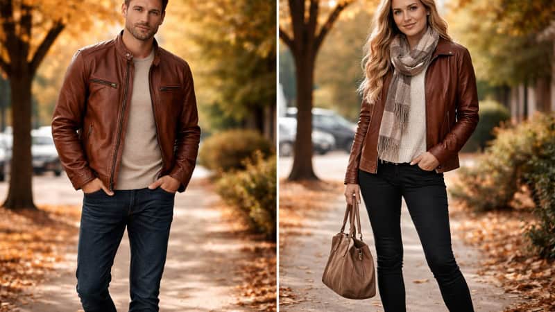 Brown leather jacket outfit with jeans and knitwear