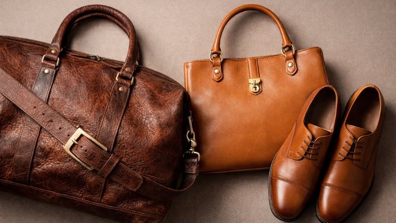 Buffalo leather and cowhide leather handbag and shoes