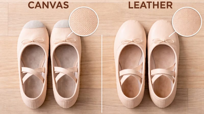 Canvas ballet shoes vs leather ballet shoes texture and soles