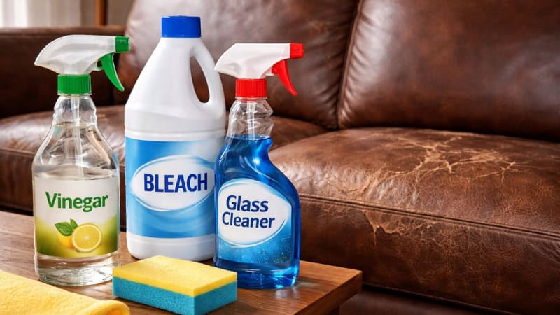 Household cleaners next to leather sofa with cracks and discoloration