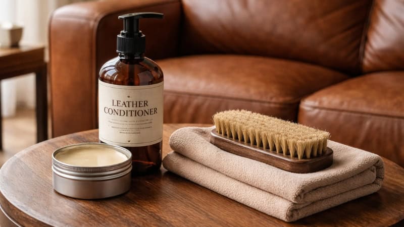 Leather conditioner and cleaning tools used to prevent permanent stains