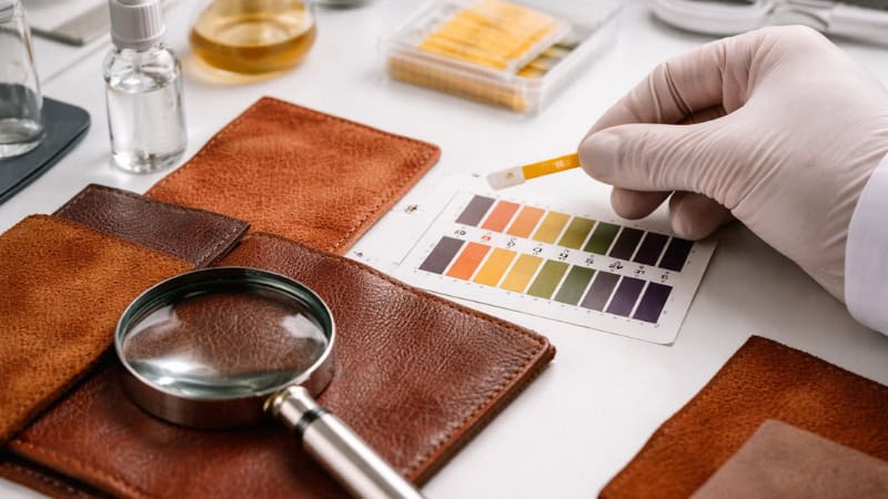Leather samples tested with pH strips and magnifying glass
