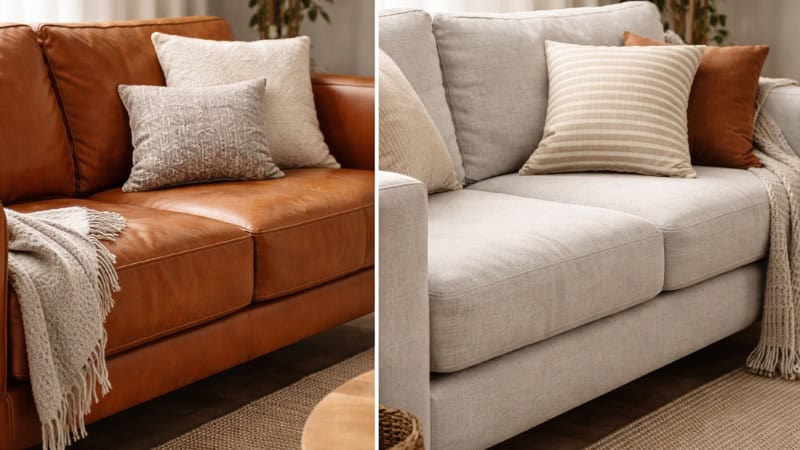 leather sofa developing patina beside fabric sofa showing wear