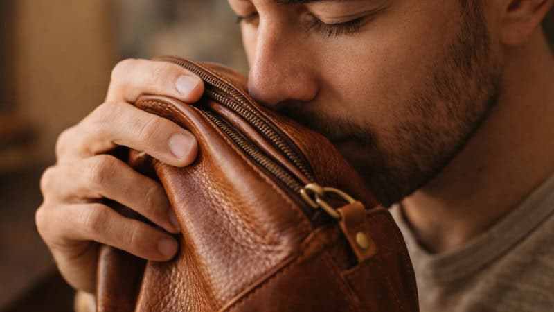 Person smelling a brown leather bag indoors