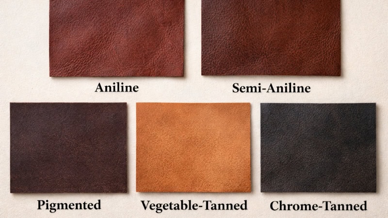 Aniline, pigmented, vegetable and chrome tanned leather types
