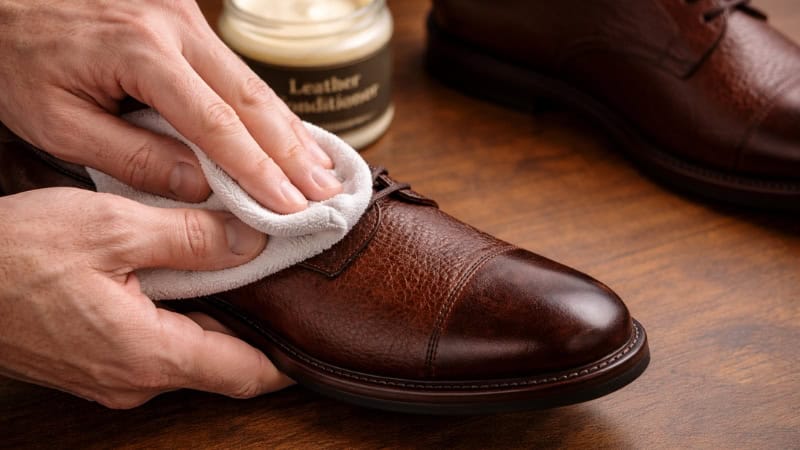 Applying leather conditioner to full-grain leather shoes