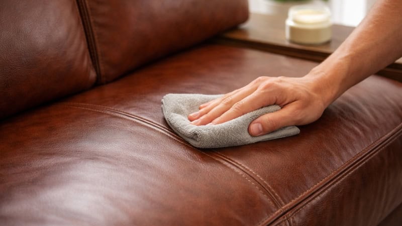 Applying leather conditioner to sofa in dry climate