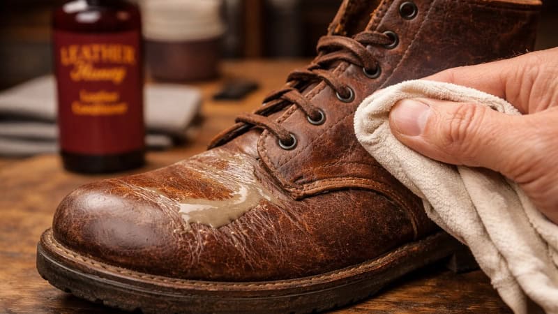 Applying thick leather conditioner to dry leather boots