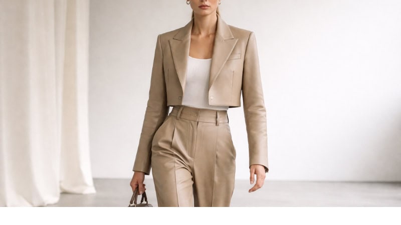 Beige cropped leather blazer trend 2026