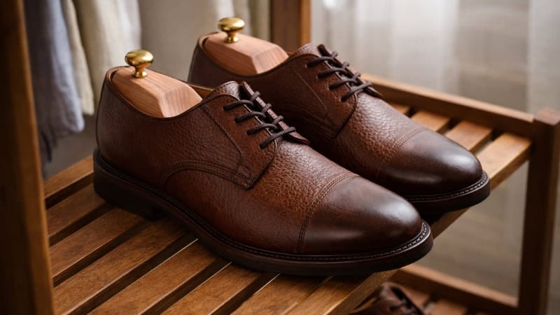 Cedar shoe trees inserted for moisture control and shape retention