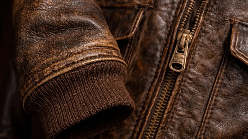 Close-up of vintage leather jacket patina and Talon zipper