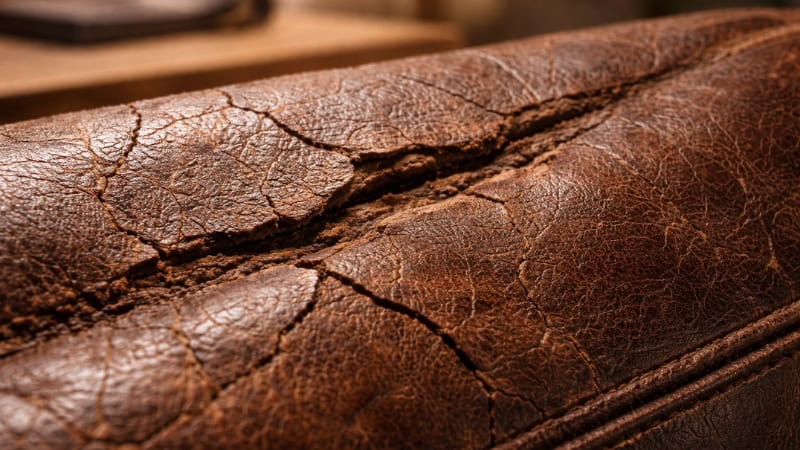 Cracked leather surface caused by low humidity and dry indoor air