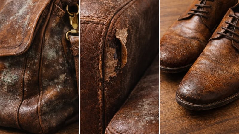 Early humidity damage on leather showing mold, peeling, and cracking