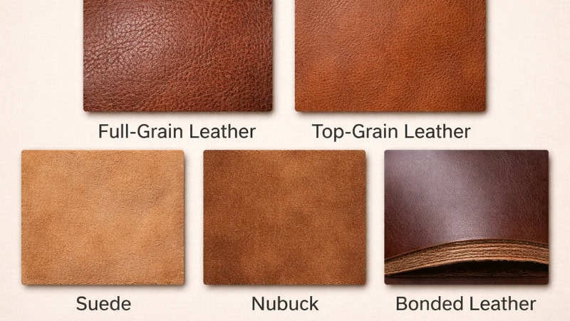 Full-grain, suede, nubuck and bonded leather texture samples