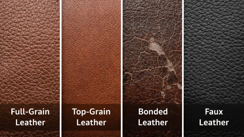 Full-grain vs top-grain vs bonded vs faux leather textures
