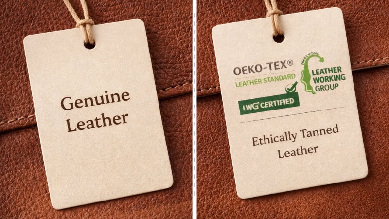 Genuine leather tag compared with certified ethical leather label