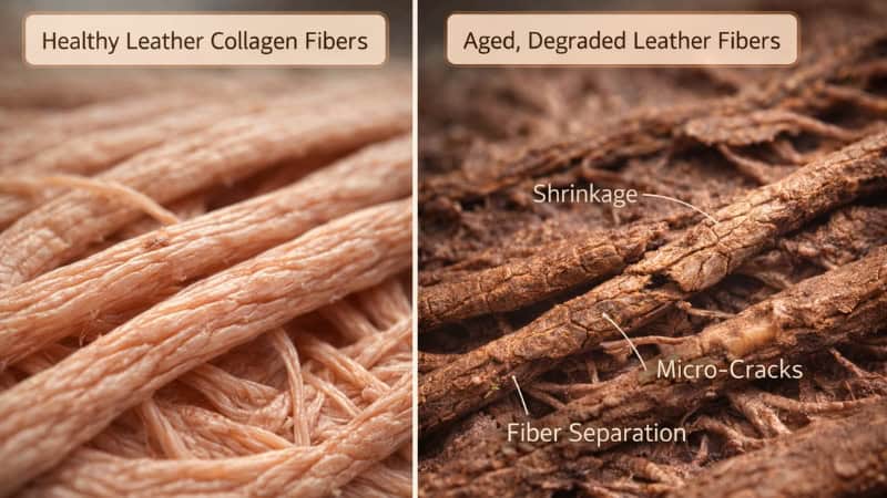 Healthy vs aged leather collagen fibers