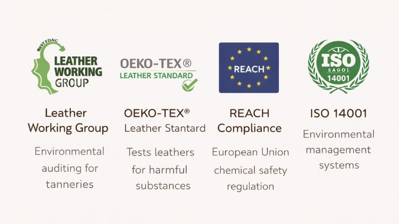 LWG, OEKO-TEX, REACH, and ISO 14001 certification infographic