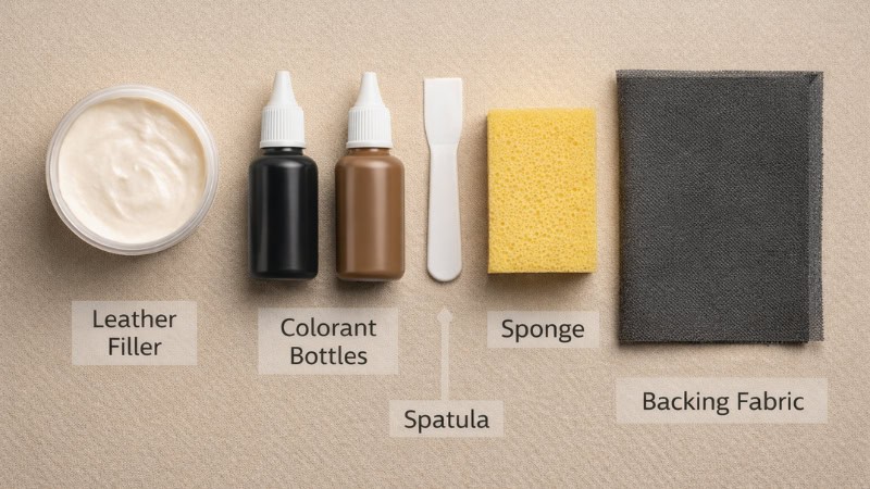 Leather crack repair kit with filler, colorants, and tools