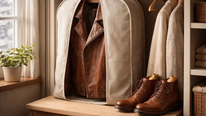 Leather jacket and boots stored in breathable winter storage