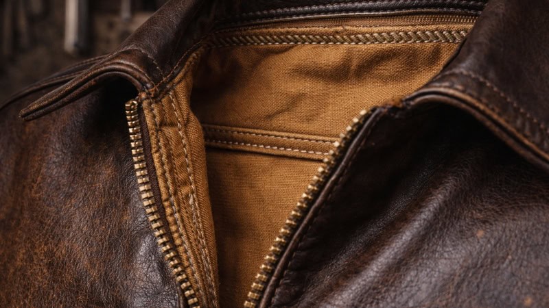 Leather jacket interior with cotton drill lining and reinforced stitching
