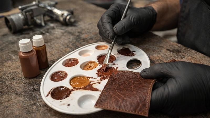 Leather repair specialist mixing custom pigment for color matching