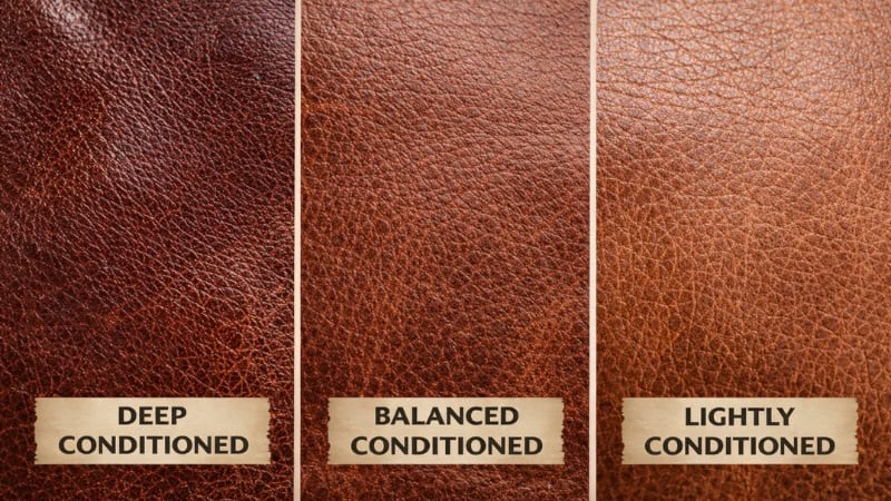 Leather swatches showing deep, balanced, and light conditioning