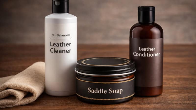 Professional leather cleaner, saddle soap, conditioner on wooden table