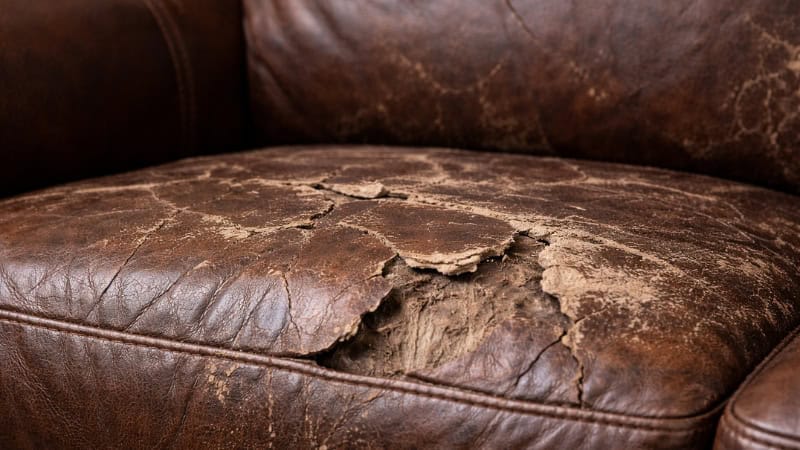 Severely cracked leather sofa cushion exposing inner fibers