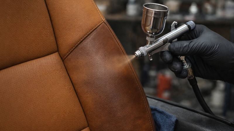 Technician airbrushing leather car seat restoration