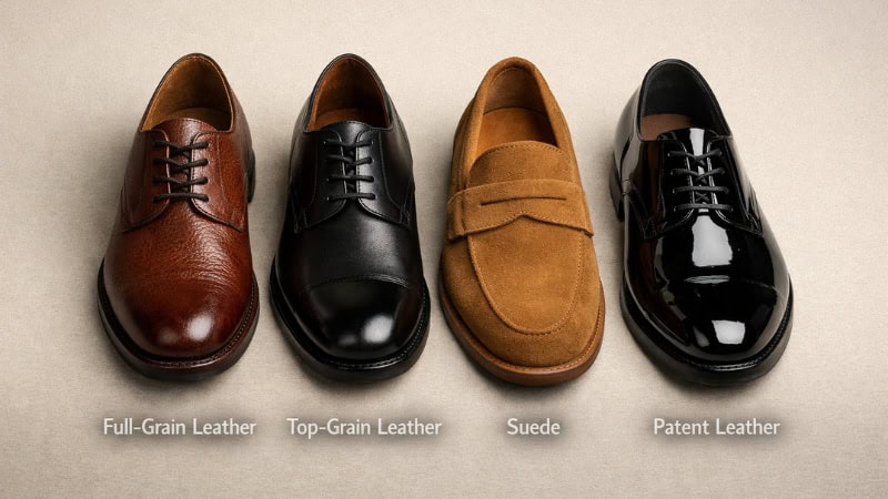 Types of leather shoes-full-grain, top-grain, suede, and patent