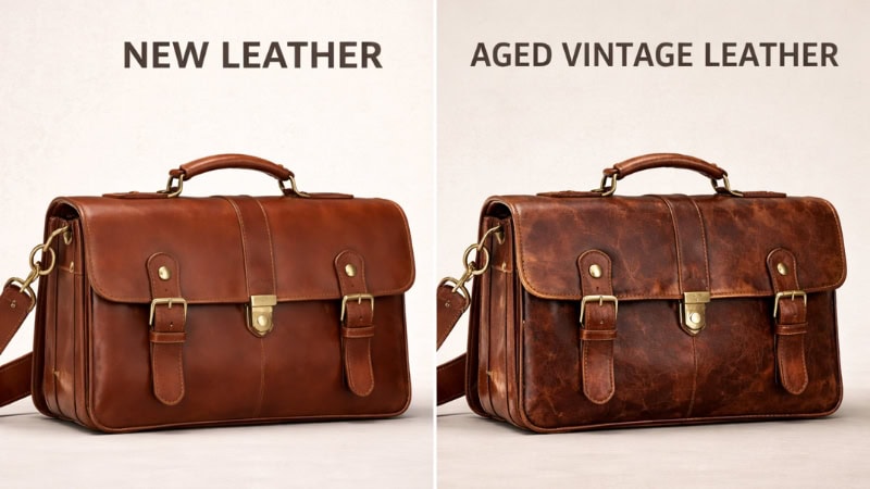 comparison of new leather bag versus aged vintage bag