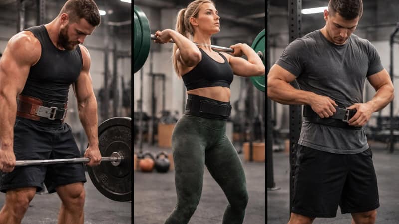 Athletes using lifting belts during different strength workouts