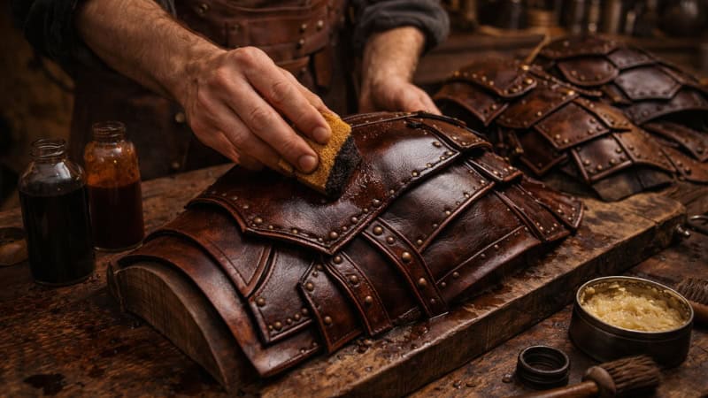 Dyeing leather armor piece.