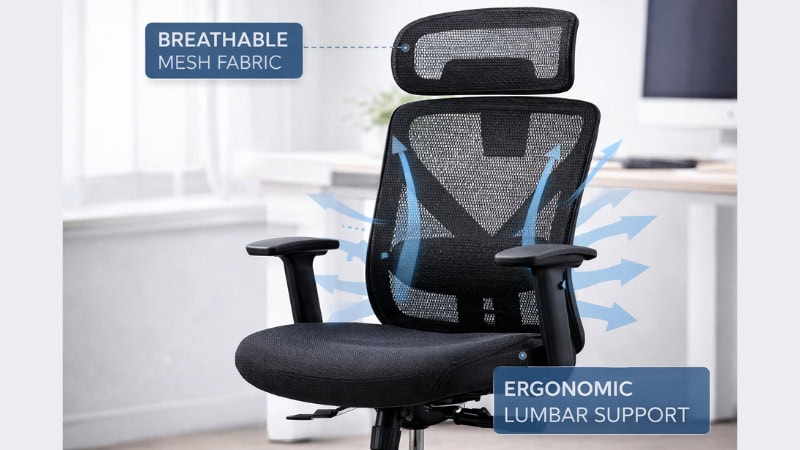 Ergonomic mesh office chair with breathable backrest and lumbar support