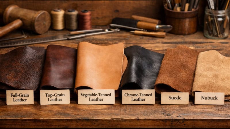 Full-grain, top-grain, vegetable-tanned, chrome-tanned leather samples