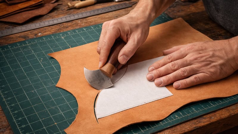Leather artisan cutting vegetable-tanned leather with head knife