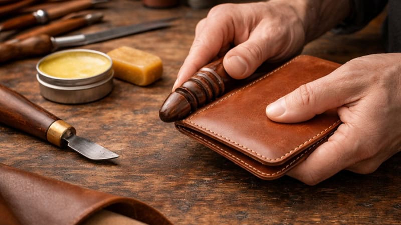 Leatherworker burnishing wallet edge with wooden burnishing tool