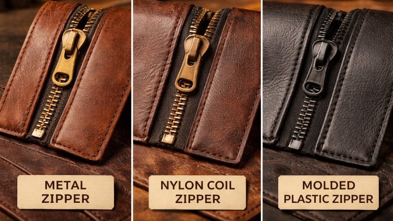 Metal, nylon coil, and plastic bag zippers