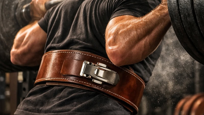Powerlifter wearing a leather lifting belt during a heavy squat