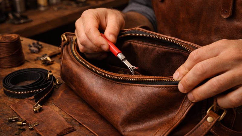 Repairing zipper on leather handbag