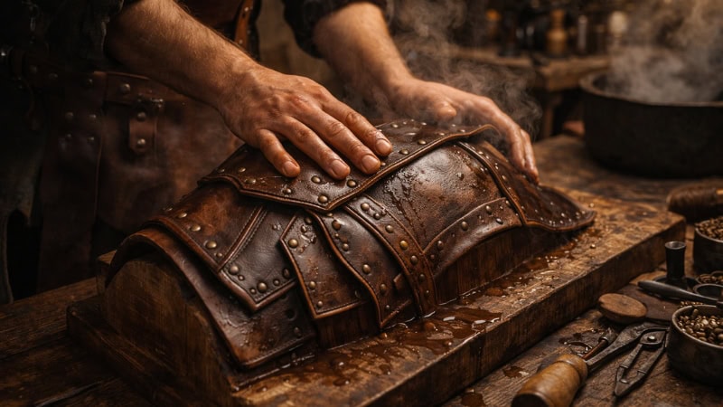 Shaping wet leather armor.