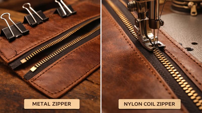 Stitching zipper into leather bag panel