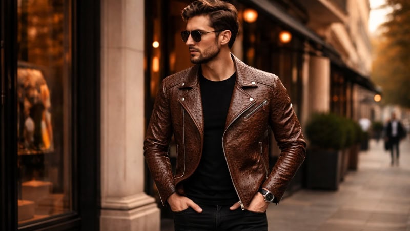 Styled ostrich leather biker jacket outfit