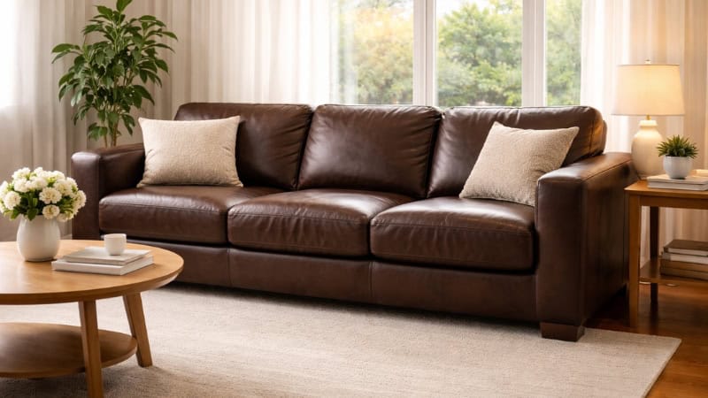 clean well-maintained leather sofa bright living room