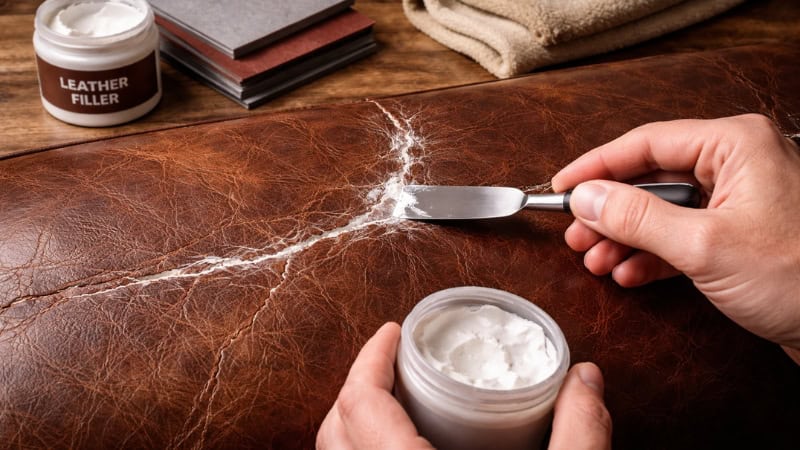 cracked leather repair with filler and sanding close up