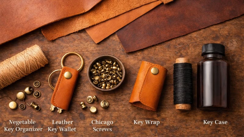 leather crafting materials flat lay