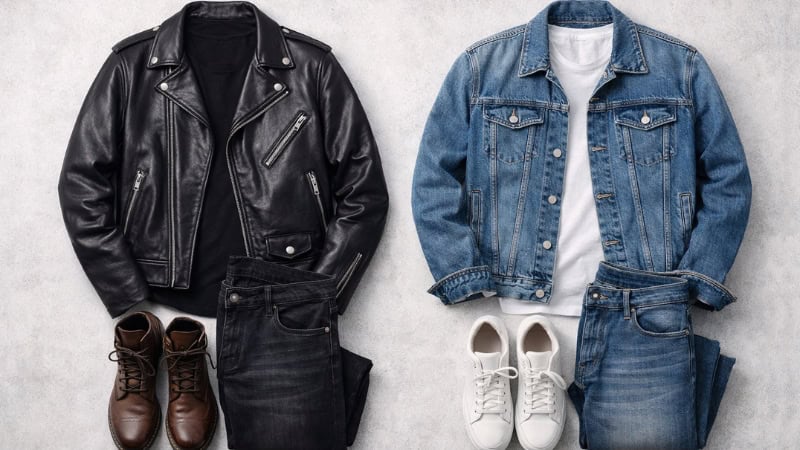 leather vs denim outfit combinations flat lay